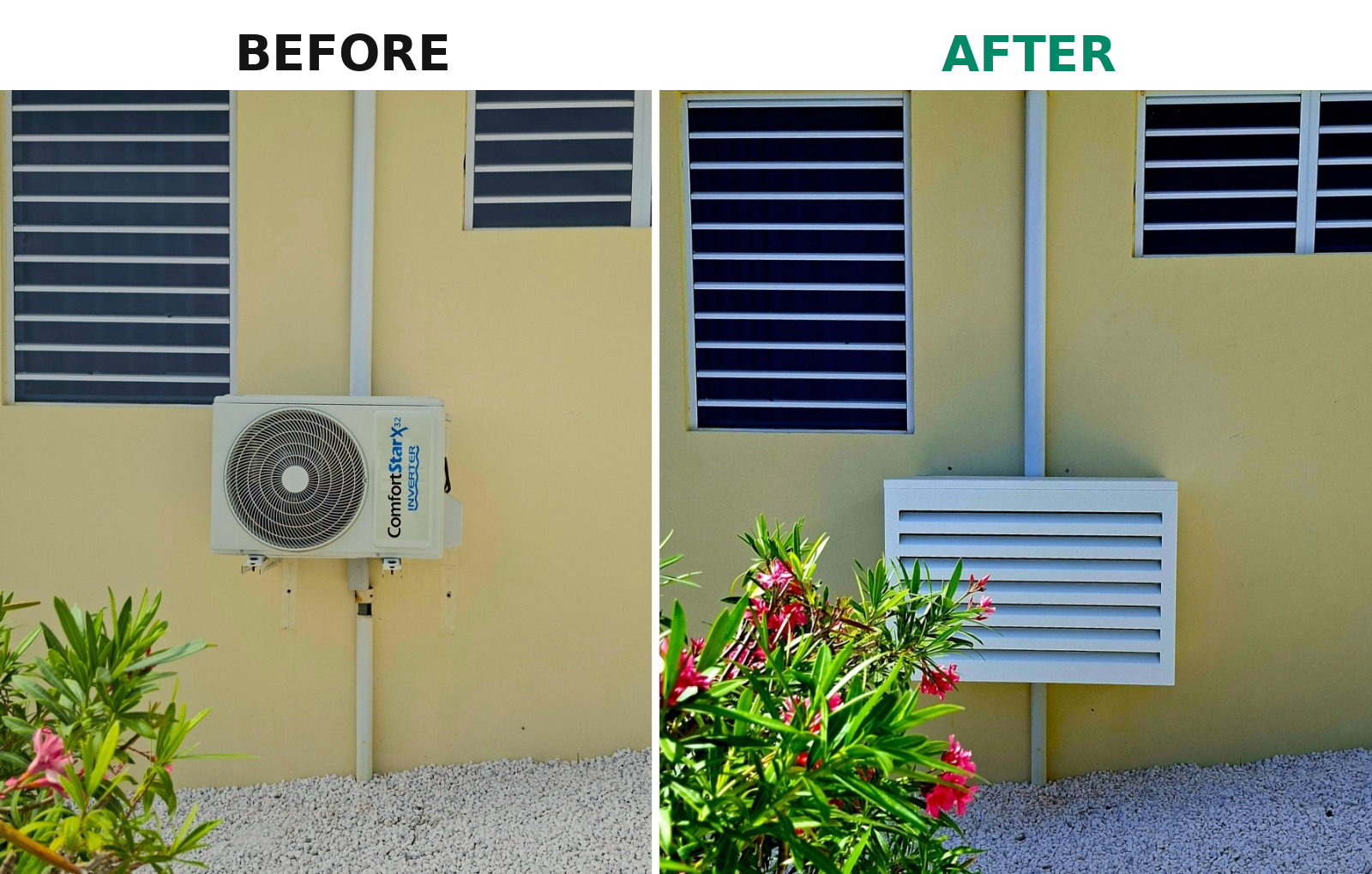 Outdoor AC unit before and after fitting an UnderCovers aluminum cover in Curacao