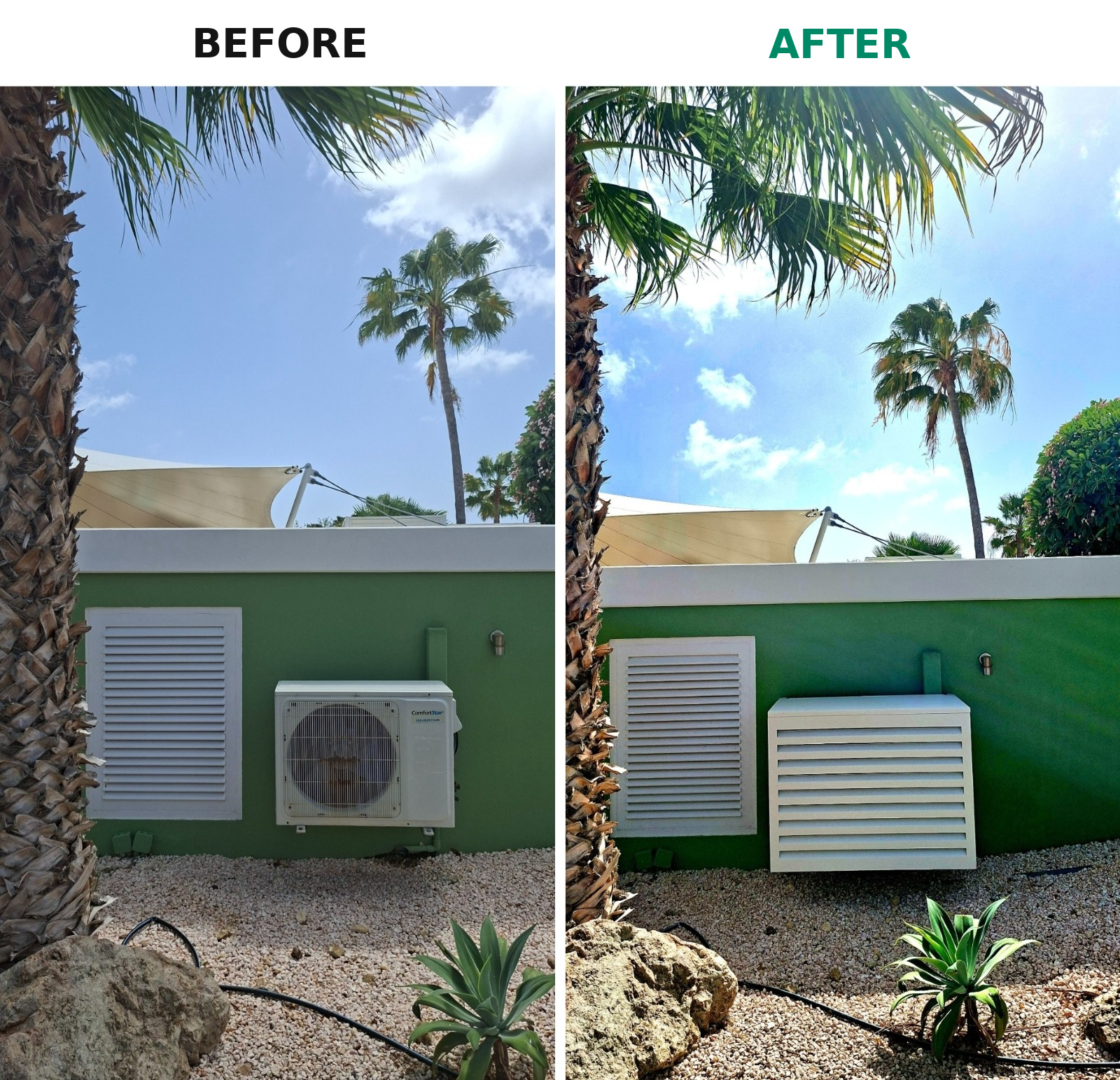 Exposed air conditioning unit transformed with an UnderCovers slatted aluminum cover