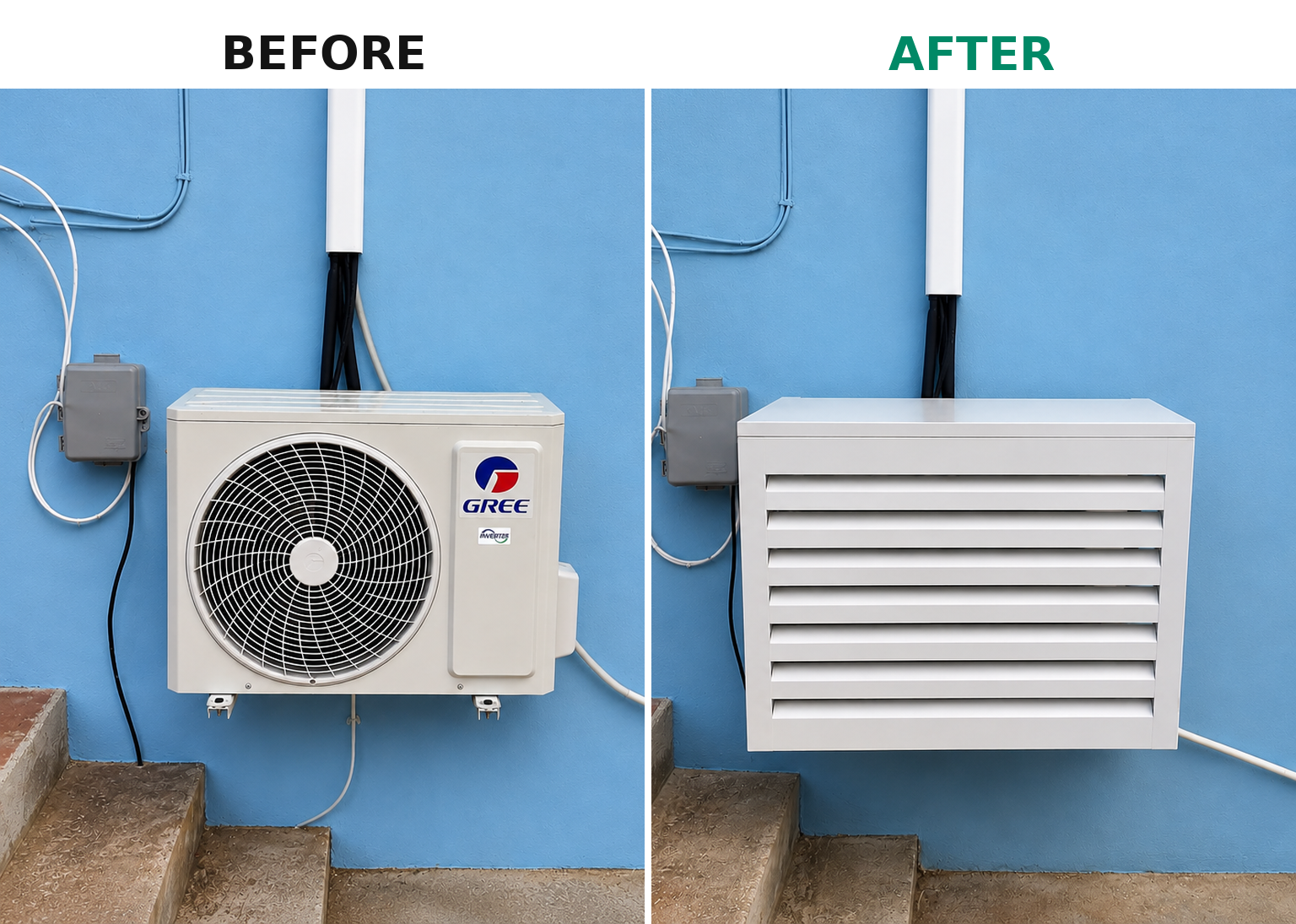 AC unit before and after installing an UnderCovers cover on a Curacao home