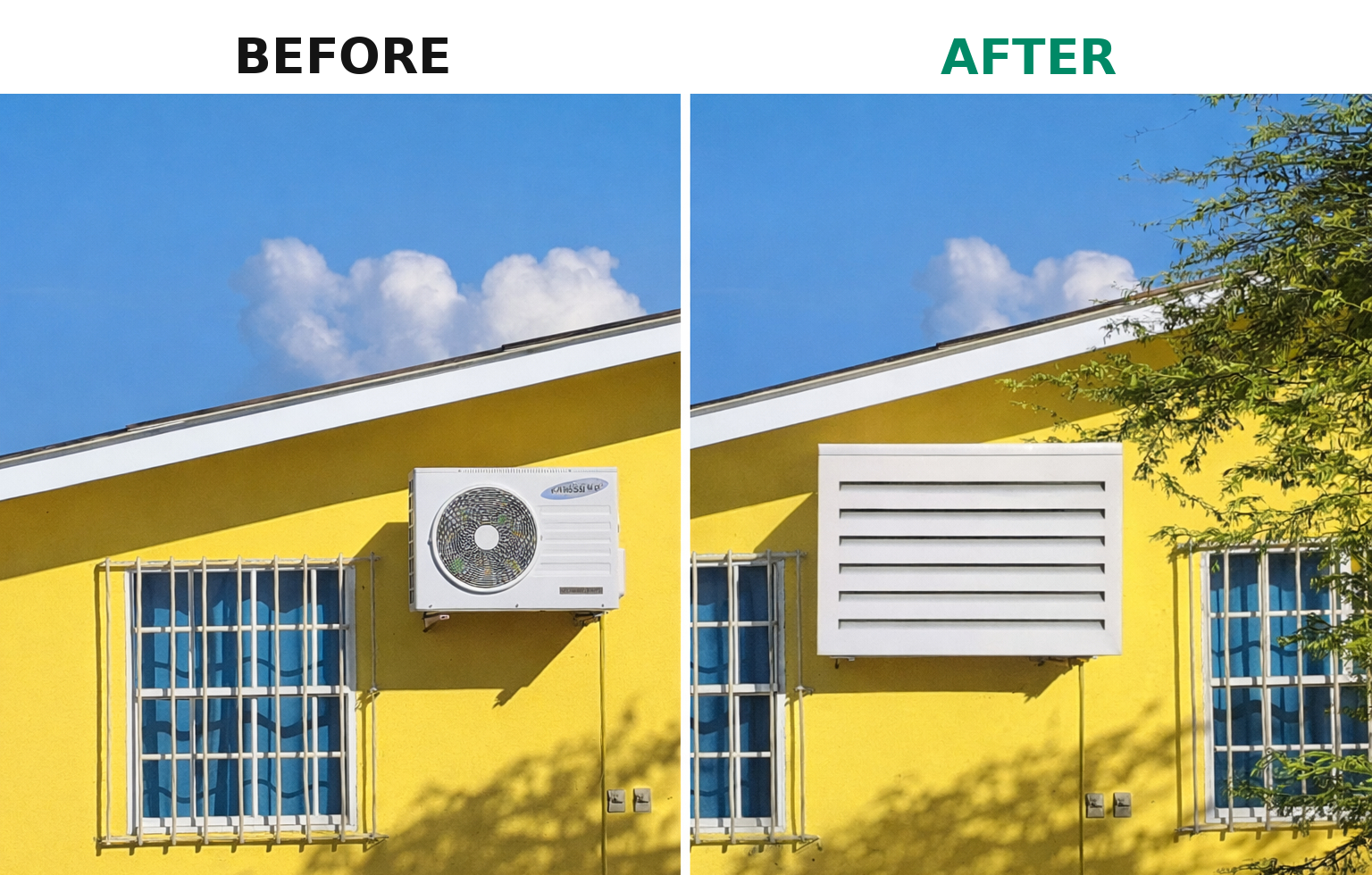 Weathered outdoor AC unit upgraded with a clean UnderCovers aluminum cover