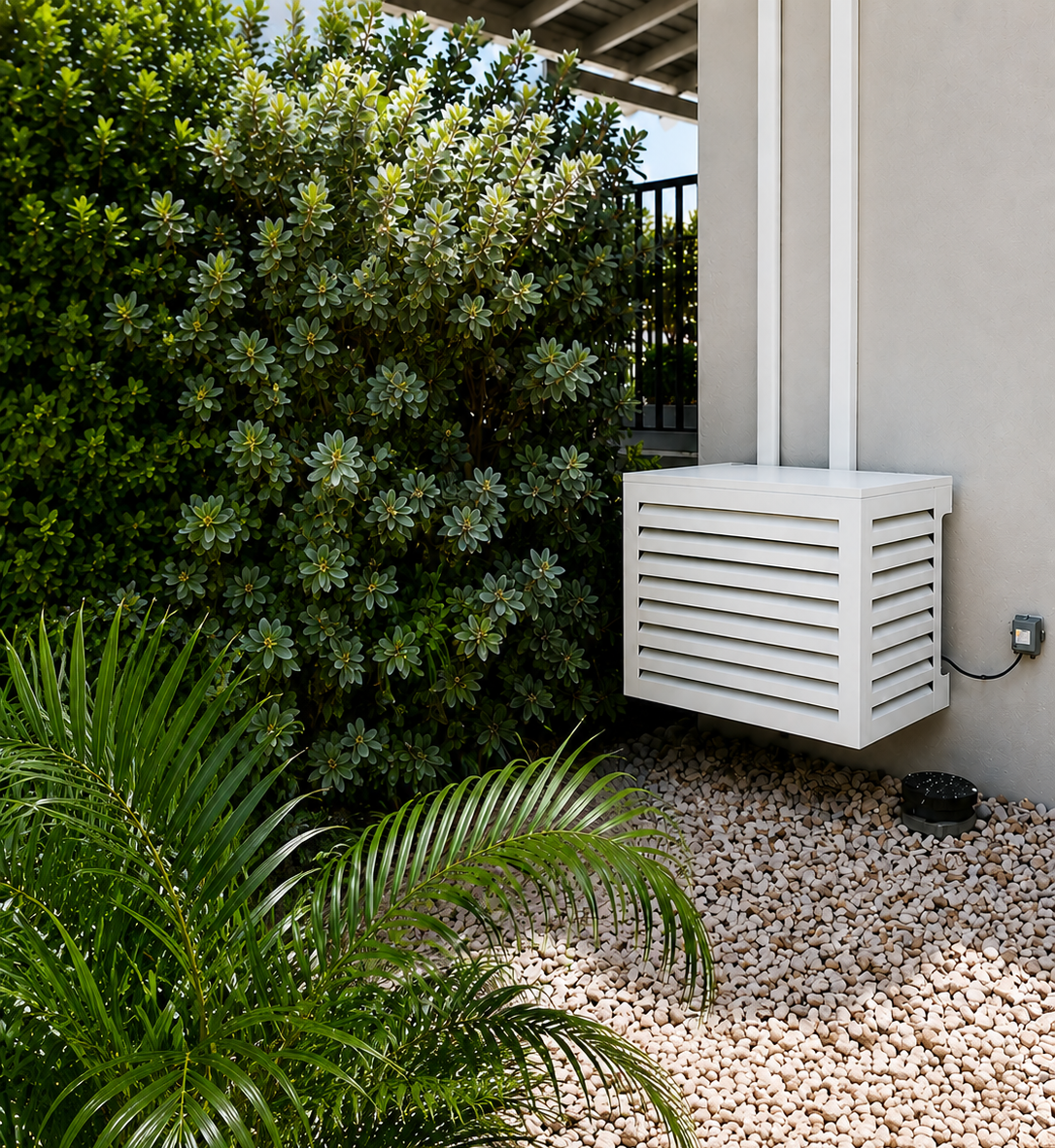Aluminum airco cover wall-mounted installation on a white exterior wall