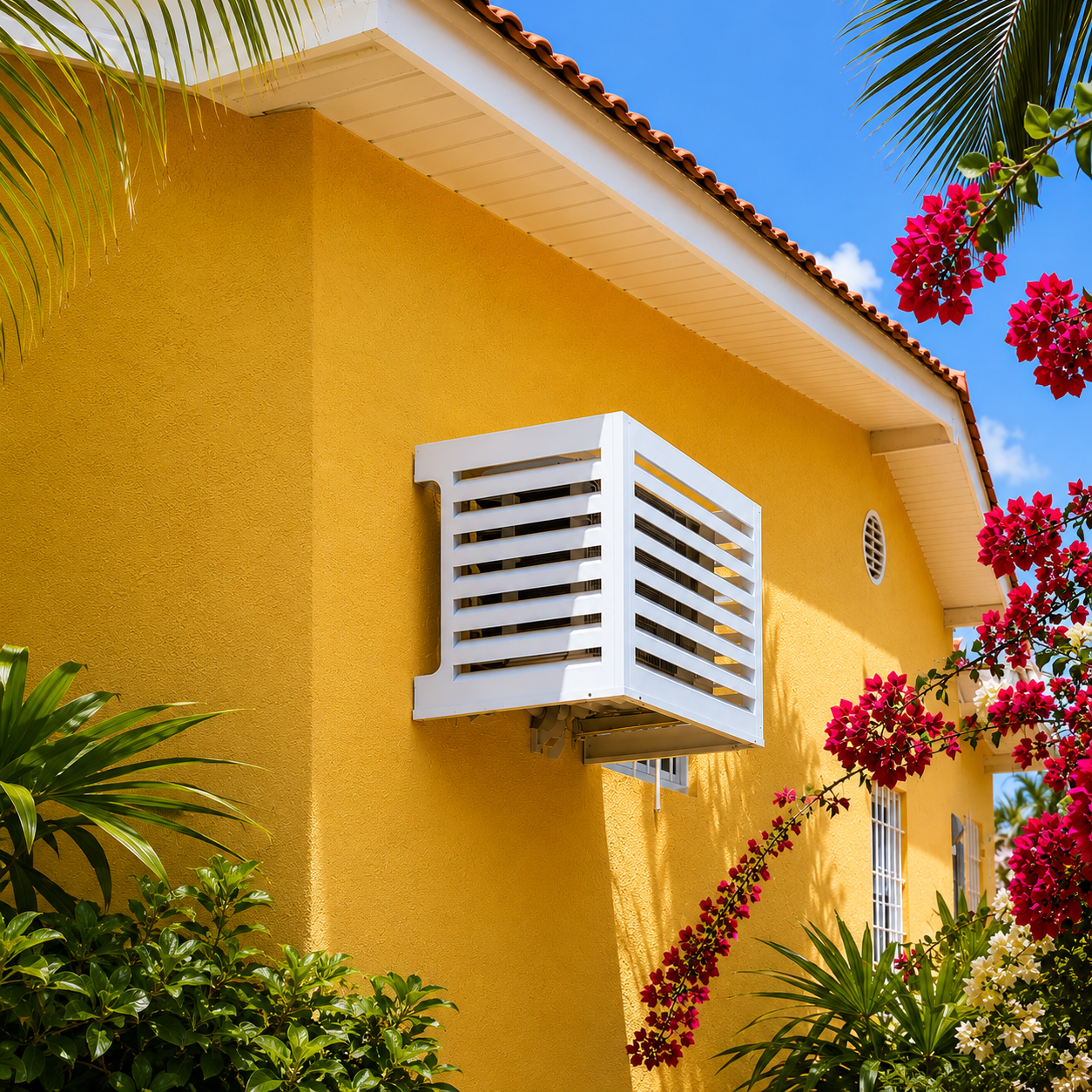 Slatted aluminum AC cover installed on a Curacao property with bougainvillea